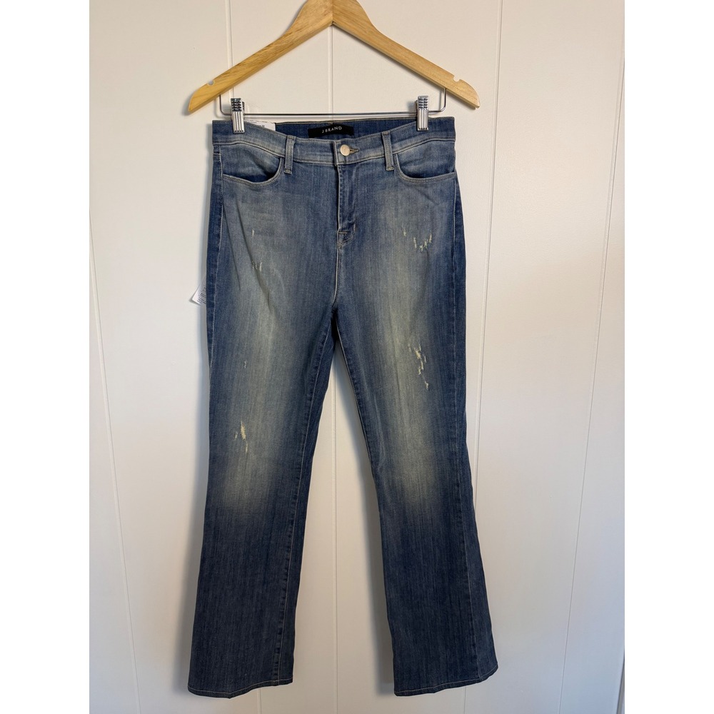 $215 Italian J Brand Remy High-Rise Slim Bootcut Jeans Medium Wash Distressed